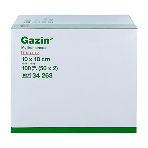 Gazin, Compresas de gasa, 10 cm x 10 cm, estériles, 8 capas, 50 x 2, 300 g, color blanco, 100 unidades (Pack de 50)