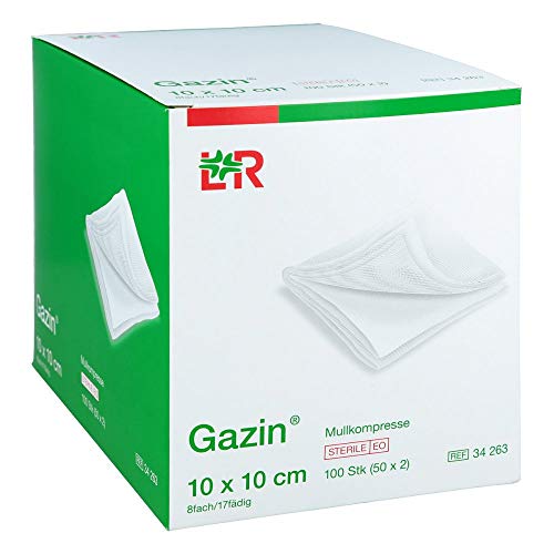 Gazin, Compresas de gasa, 10 cm x 10 cm, estériles, 8 capas, 50 x 2, 300 g, color blanco, 100 unidades (Pack de 50)