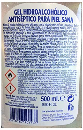 Gel Hidroalcohólico Antiséptico. 75% Alcohol. En frasco de 500ml.