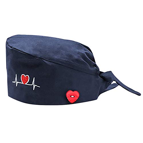 GEMVIE-Sombrero largo de enfermera médica, de algodón, estampado de amor, gorro, gorro quirúrgico, unisex, antipolvo, ajustable, gorro Robin lavable azul oscuro Talla única