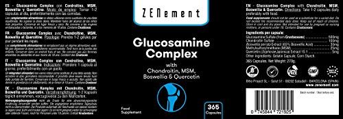 Glucosamina Complex con Condroitina, MSM, Boswellia y Quercetina, 365 Cápsulas | Para el dolor en las articulaciones | No-GMO, GMP, sin aditivos, sin Gluten | de Zenement