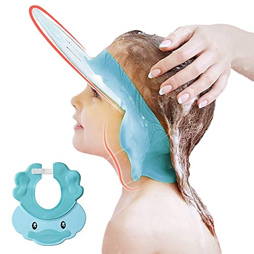 Gorro de ducha para niños, champú para lavado de pelo, protector para ojos, visera ajustable para baño de bebé, gorro protector de agua de silicona para niños pequeños lindo pato amarillo（azul）