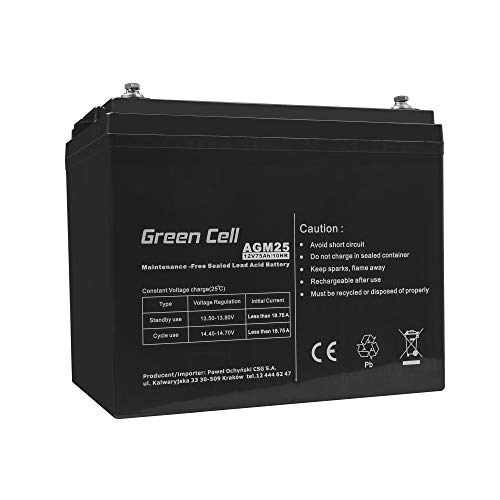 Green Cell Recambio de Batería Gel AGM 12V 75Ah Rechargeable Pila Sellada de Plomo ácido batería sin Mantenimiento Batería de Reemplazo para Autocaravanas Barcos Camper Fotovoltaica