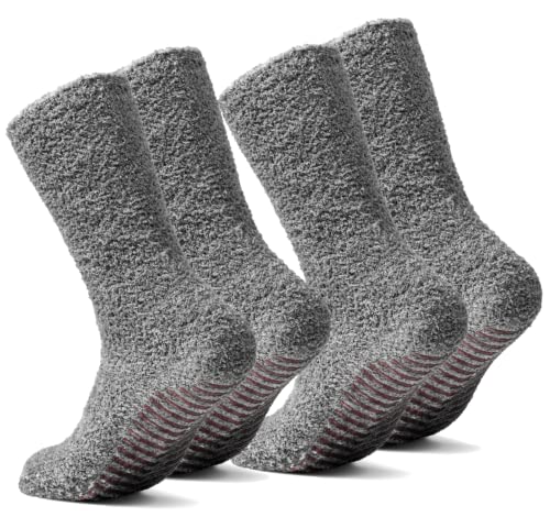 Gripjoy Calcetines peludos con agarraderas x4 pares para mujeres y hombres Calcetines de invierno con agarraderas (pequeño/mediano (hombres 6-8 / mujeres 5-10), gris claro)