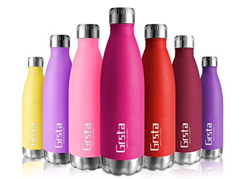 Grsta Botella de Agua, Botella Agua Acero Inoxidable sin BPA Pared 350ml/Rosa roja Botellas de Frío/Caliente Termo Botellas Termica Prueba de Fugas para Niños, Adultos, Deporte, Yoga, Ciclismo