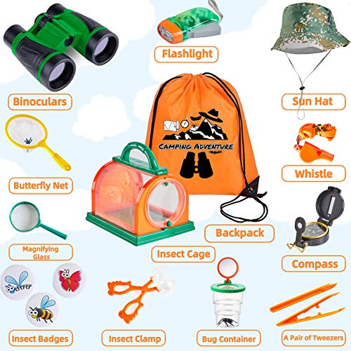 HapeeFun Kit de Exploración para Niños,27 pcs Kit de Binoculares para Niños con Linterna,Brújula,Insecto,Mochilla de Colección,Juguetes niños 3-12 de Aventura al Aire Libre Juguetes educativos