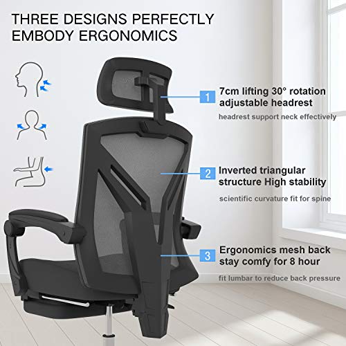 Hbada Silla de Oficina Silla de Escritorio Silla giratoria ergonómica con reposapiés Silla ejecutiva con Respaldo Alto con reposacabezas y reposabrazos Ajustables Negro