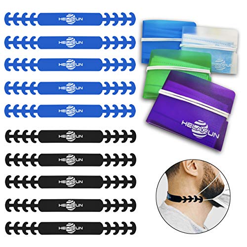 HELAFUN - 14 Piezas - 10 Salvaorejas, Extensores o Sujeta Mascarillas en azul y negro, adiós al dolor de orejas, incluye 4 fundas de bolsillo para guardar tu mascarilla de forma segura.