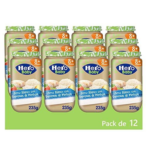 Hero Baby - Tarritos de Arroz Blanco con Supremas de Merluza - Para Bebés a Partir de los 8 Meses - Pack de 12 x 235 g