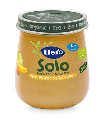 Hero Solo Tarritos Ecológicos de Pera, Plátano y Zanahoria - Para Bebés a Partir de los 4 Meses - Pack de 12 x 120 g