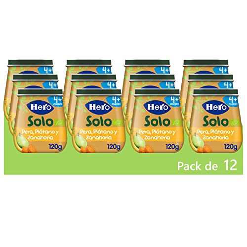 Hero Solo Tarritos Ecológicos de Pera, Plátano y Zanahoria - Para Bebés a Partir de los 4 Meses - Pack de 12 x 120 g