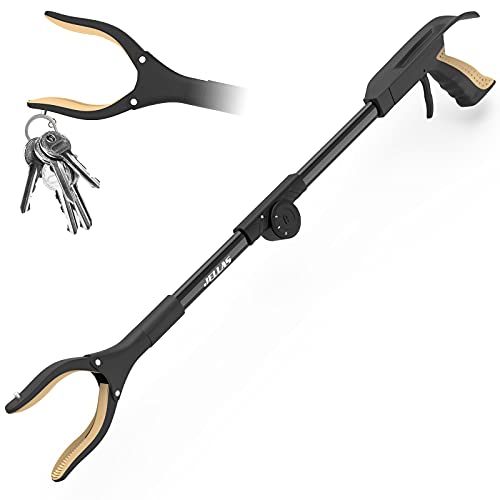 Herramienta de Captura Jellas, Cabezal Giratorio de 90°, Agarrador Plegable de 81 cm con Calzador, Herramienta de Ayuda para Recoger la Basura, Recogedor de Basura, Extensión de Brazo (Dorado)