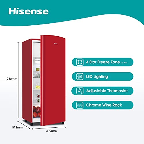 Hisense RR220D4ARF - Frigorífico Una Puerta, Botellero Cromado, estantes XXL, 164 L de capacidad neta, 128 cm alto, silencioso 40 dBA, Color Rojo