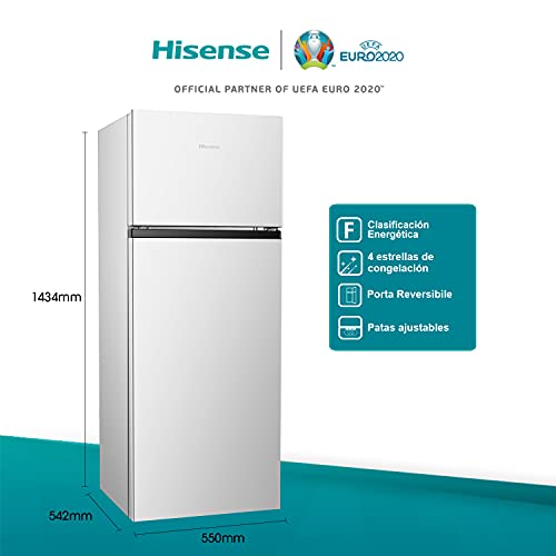 Hisense RT267D4AWF - Frigorífico Dos Puertas, Capacidad 205 L Neto, Cíclico, Alto 143 cm, Tirador Integrado, Puertas Reversibles, Congelador 4 Estrellas, Silencioso 40 dBA, Color Blanco