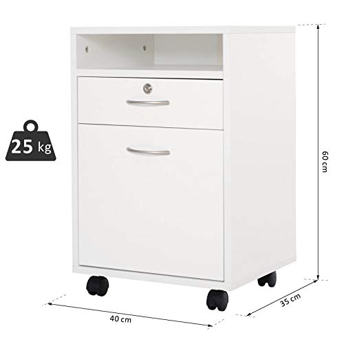 HOMCOM Cajonera para Oficina con 4 Ruedas 2 Frenos Cajón Cerradura Estante Abierto y Armario Estudio Habitación 40x35x60cm Máximo 25kg Blanco