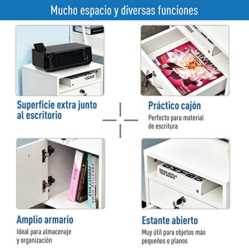 HOMCOM Cajonera para Oficina con 4 Ruedas 2 Frenos Cajón Cerradura Estante Abierto y Armario Estudio Habitación 40x35x60cm Máximo 25kg Blanco