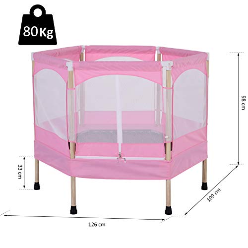 HOMCOM Cama Elástica para Niños Mayores de 3 Años Trampolín Infantil con Red de Seguridad para máximo 80kg 126x109x98cm Rosa