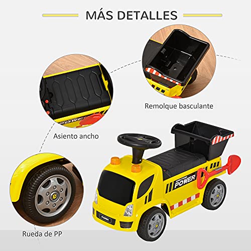 HOMCOM Coche Correpasillos para Bebés de +18 Meses Tipo Camión con Música Faros Caja Abatible y Pala Vehículo sin Pedales de Juguete 72x28,2x42 cm Amarillo