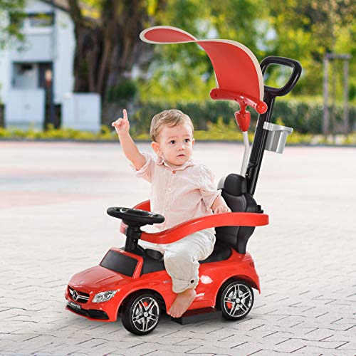 HOMCOM Correpasillo para Niños Mayores de 1 Año Cochecito Automóvil Diseño 3 en 1 Empujador Andador Función de Bocina con Capota Reposapiés Portavasos 84x40x83 cm Rojo