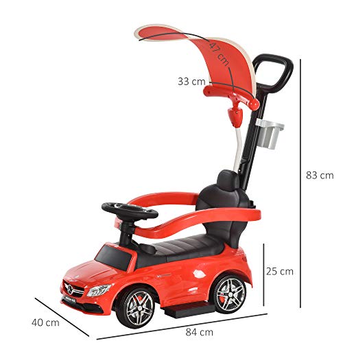 HOMCOM Correpasillo para Niños Mayores de 1 Año Cochecito Automóvil Diseño 3 en 1 Empujador Andador Función de Bocina con Capota Reposapiés Portavasos 84x40x83 cm Rojo