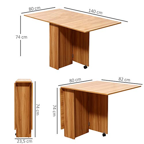 HOMCOM Mesa de Comedor Plegable con Ruedas Estante Multifuncional para Comedor Salón Mesa Auxiliar 3 Formas Espacio Ahorrado Madera