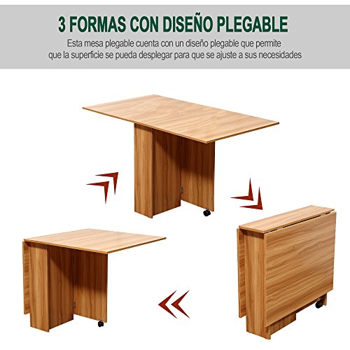 HOMCOM Mesa de Comedor Plegable con Ruedas Estante Multifuncional para Comedor Salón Mesa Auxiliar 3 Formas Espacio Ahorrado Madera