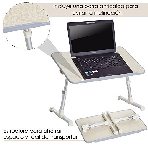 HOMCOM Mesa de Ordenador Ajustable y Plegable Soporte Escritorio para Portátil Mesa sobre Sofá Cama para Desayuno Lectura de Niños Bandeja Leyendo 54x30x22.5-32cm