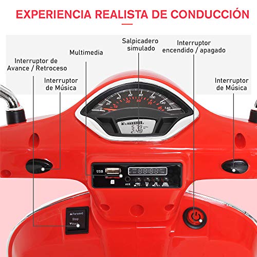 HOMCOM Moto Eléctrica Infantil Coche Triciclo Vespa Scooter Eléctrico a Batería con Luz MP3 USB Bocina para Niños Más de 3 Años Carga 30kg