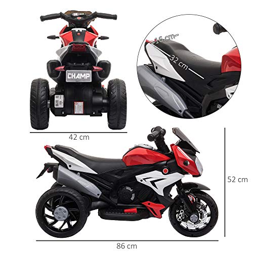 HOMCOM Moto Eléctrica Infantil con 3 Ruedas Trimoto para Niños de +3 Años con Batería 6V Recargable Funciones de Música Bocina Faros 86x42x52 cm Negro y Rojo