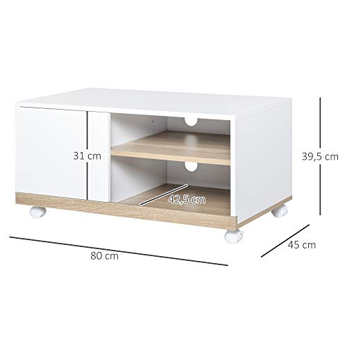 HOMCOM Mueble para TV Televisión de 42 Pulgadas Mesa de Salón Moderno Móvil con 4 Ruedas Estante Ajustable y Armario Amplio Espacio 80x45x39,5 cm Blanco