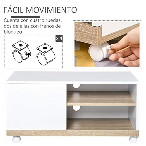 HOMCOM Mueble para TV Televisión de 42 Pulgadas Mesa de Salón Moderno Móvil con 4 Ruedas Estante Ajustable y Armario Amplio Espacio 80x45x39,5 cm Blanco