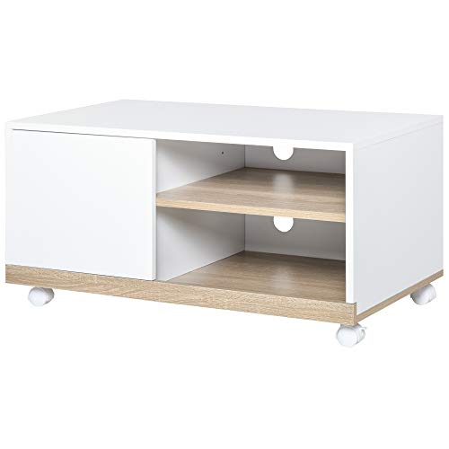 HOMCOM Mueble para TV Televisión de 42 Pulgadas Mesa de Salón Moderno Móvil con 4 Ruedas Estante Ajustable y Armario Amplio Espacio 80x45x39,5 cm Blanco