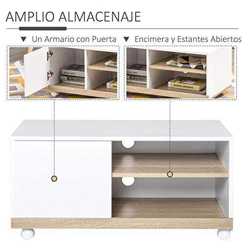 HOMCOM Mueble para TV Televisión de 42 Pulgadas Mesa de Salón Moderno Móvil con 4 Ruedas Estante Ajustable y Armario Amplio Espacio 80x45x39,5 cm Blanco