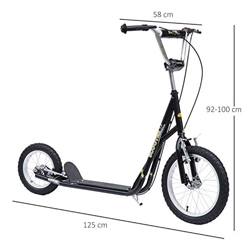 HOMCOM Patinete 125x58x92-100 cm 2 Ruedas 16/12 Pulgadas con 2 Frenos Scooter + Caballete Negro