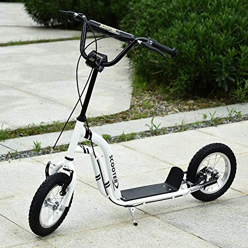 HOMCOM Patinete para Niños Mayores de 5 Años Scooter 2 Neumáticos Inflables de Caucho con Frenos Manillar Ajustable Pedal Antideslizante 120x58x85-95 cm Blanco