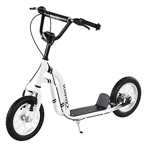 HOMCOM Patinete para Niños Mayores de 5 Años Scooter 2 Neumáticos Inflables de Caucho con Frenos Manillar Ajustable Pedal Antideslizante 120x58x85-95 cm Blanco