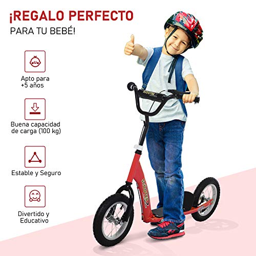 HOMCOM Patinete para Niños Mayores de 5 Años Scooter 2 Neumáticos Inflables de Caucho con Frenos Manillar Ajustable Plataforma Antideslizante 117x52x80-85 cm Rojo