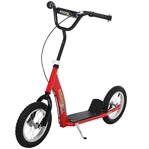 HOMCOM Patinete para Niños Mayores de 5 Años Scooter 2 Neumáticos Inflables de Caucho con Frenos Manillar Ajustable Plataforma Antideslizante 117x52x80-85 cm Rojo