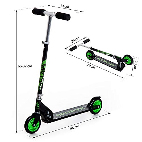 HOMCOM Patinete para Niños Scooter de Evolución Plegable Manillar Ajustable Marco Aluminio Ligero y Estable Carga 50kg 64x34x66-82 cm Verde