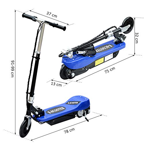 HOMCOM Patinete Plegable Niño Eléctrico Tipo Scooter con Manillar Azul Patinete Eléctrico Plegable Tipo Scooter con Manillar Ajustable Freno y Pie de Apoyo 120W Carga 50kg 78x37x99cm (Azul)