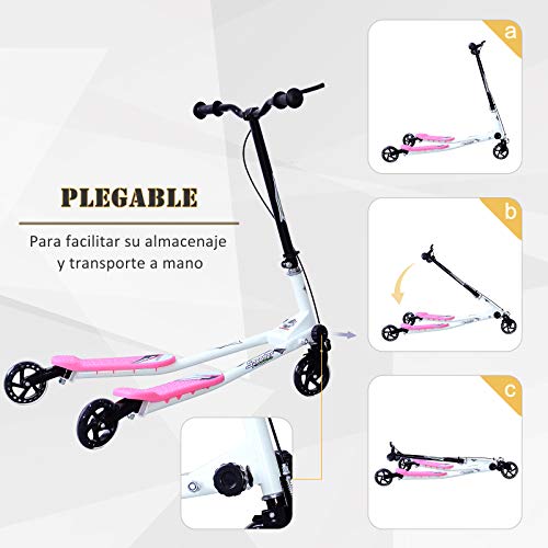 HOMCOM Patinete Scooter de 3 Ruedas Plegable Scooter de Oscilación Reductor para Niños +4 Años con Freno Manillar Ajustable Carga 50 kg 91x60x80cm Marco Acero Rosa