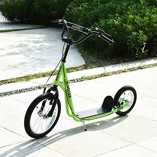 HOMCOM Scooter Patinete para Niños Mayores de 5 Años con 2 Neumáticos de Caucho Inflable con Doble Freno Manillar Ajustable en Altura Soporte 100 kg 135x58x88-94 cm Verde