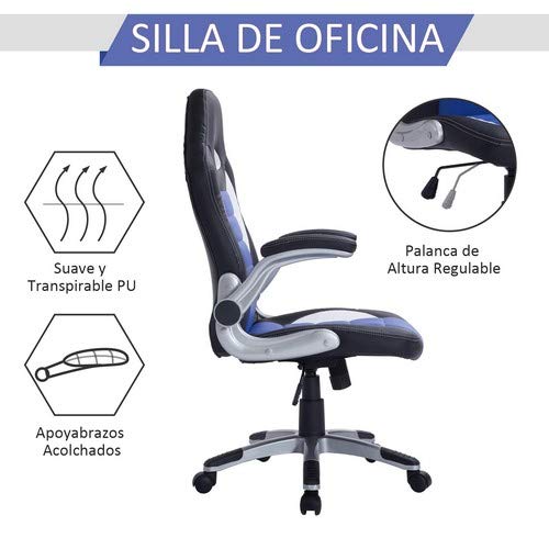 HOMCOM Silla de Juego Escitorio Silla Giratorio de Ordenador para Jóvenes Ergonómica Regulable con Ruedas Azul