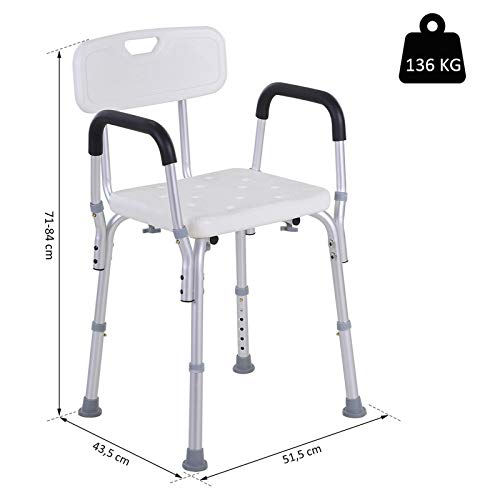 HOMCOM Silla para Ducha Regulable en Altura con Reposabrazos y Respaldo 51.5x43.5x71-84 cm Blanca