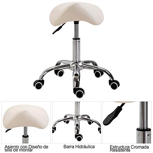 HOMCOM Silla Trabajo Taburete Ruedas Giratorias Taburete Cosmetica Dentista Peluqueria Color Beige