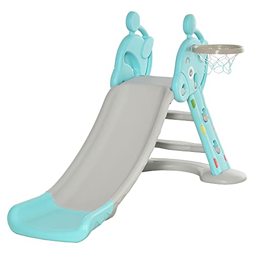 HOMCOM Tobogán para Niños +18 Meses Plegable con Canasta de Baloncesto Modelo Jirafa Juguete Infantil para Interiores y Exteriores 140x87x75 cm Azul y Gris