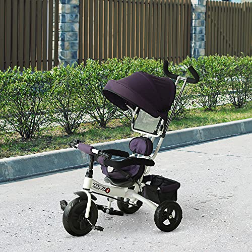 HOMCOM Triciclo para Bebé 4 en 1 Bicicleta para +18 Meses con Capota Manija de Empuje Ajustable Barra Extraíble Reposapiés Plegable Canasta de Almacenaje 92x51x110 cm Morado