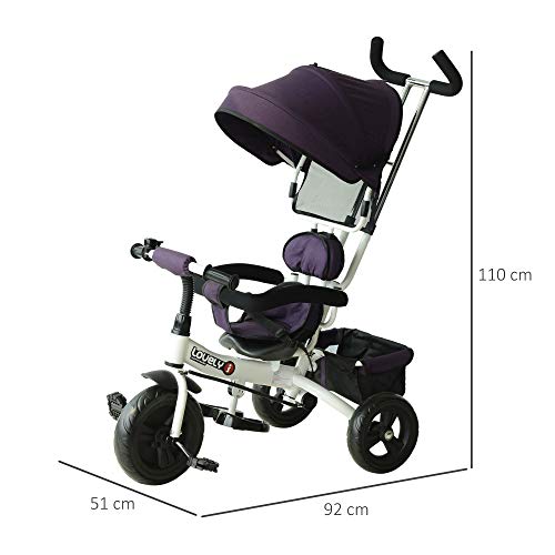 HOMCOM Triciclo para Bebé 4 en 1 Bicicleta para +18 Meses con Capota Manija de Empuje Ajustable Barra Extraíble Reposapiés Plegable Canasta de Almacenaje 92x51x110 cm Morado