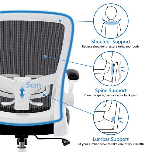 HOMIDEC Silla de Oficina Ergonómica de Escritorio con Soporte Lumbar Ajustable, Altura Regulable, con Reposabrazos Plegables, hasta 150 kg Blanco