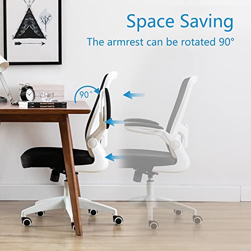 HOMIDEC Silla de Oficina Ergonómica de Escritorio con Soporte Lumbar Ajustable, Altura Regulable, con Reposabrazos Plegables, hasta 150 kg Blanco